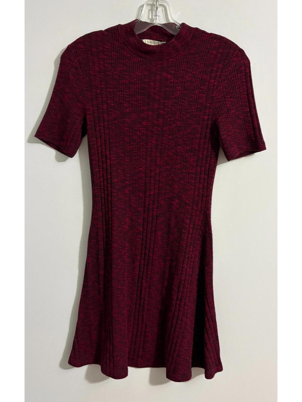 Forever 21 Dress Small Burgundy Ribbed Knit Mock Neck Short Sleeve Fitted Stretc
